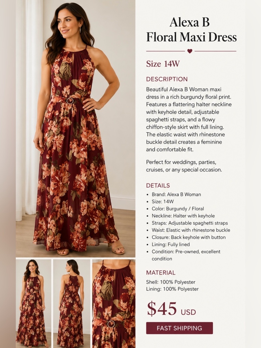 Alexa B Woman Burgundy Floral Maxi Dress Plus Size 14W Sleeveless Belted